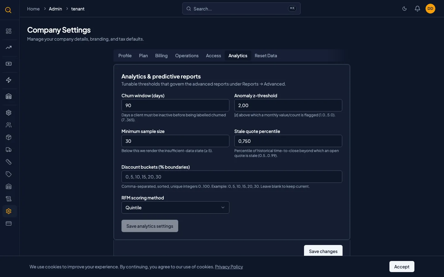 The Analytics Settings form with churn, anomaly, and discount fields