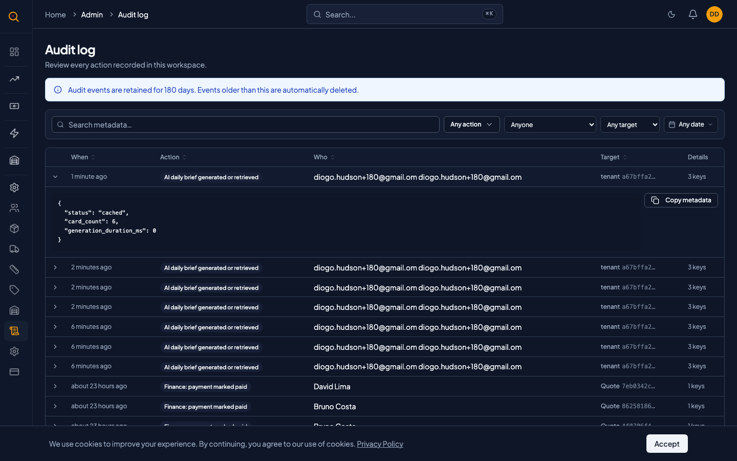 An expanded audit event showing detailed metadata including before-and-after values