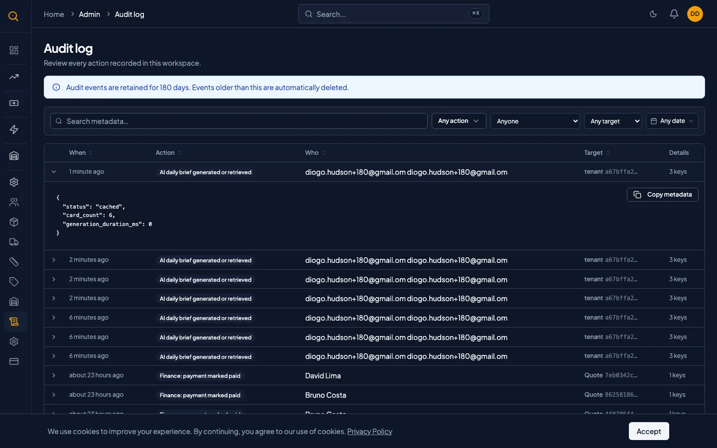 An expanded audit event showing detailed metadata including before-and-after values