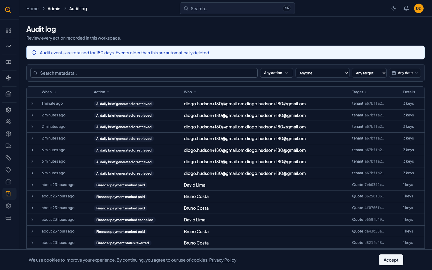 The Audit Logs page showing the event timeline with action types and timestamps