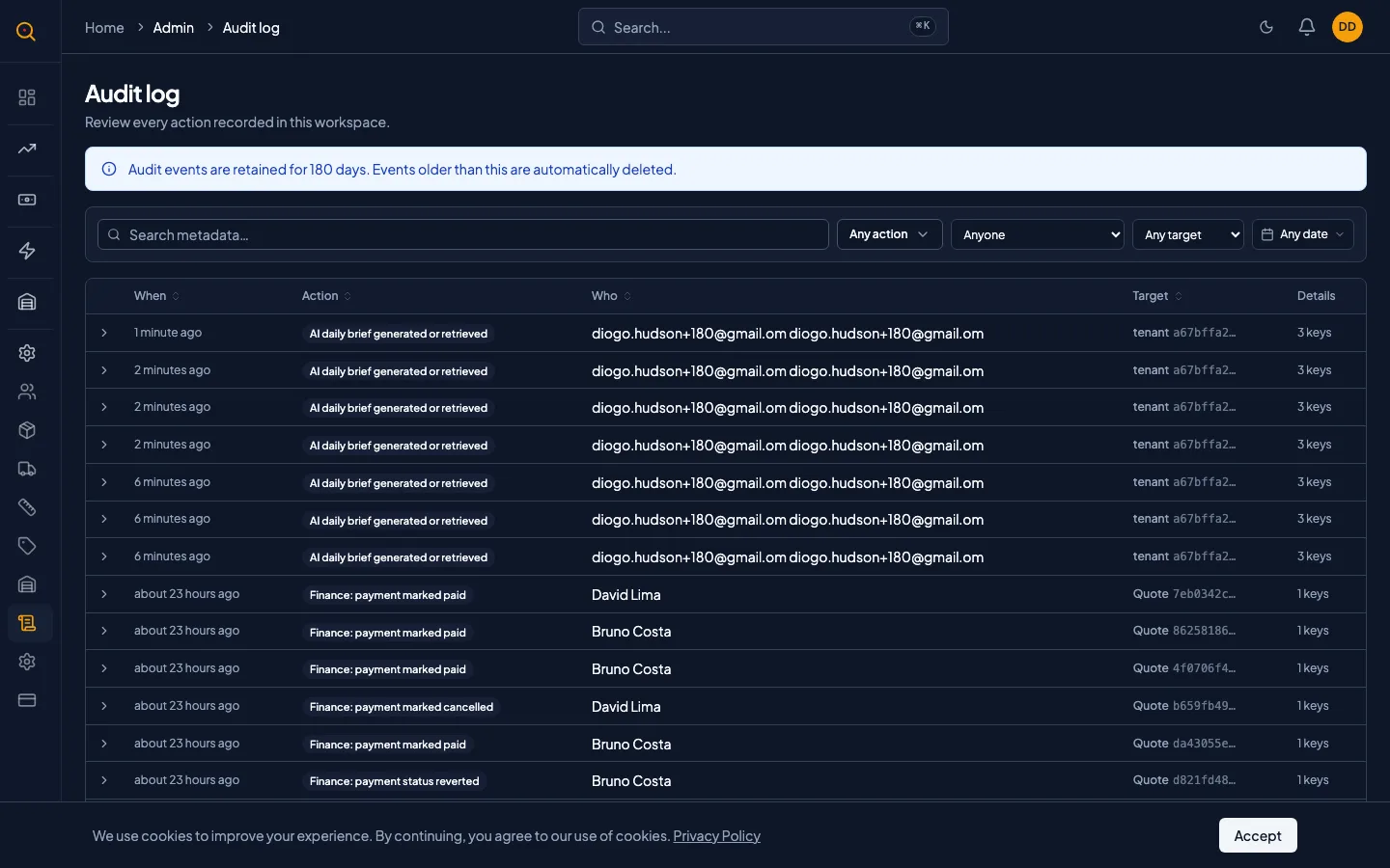 The Audit Logs page showing the event timeline with action types and timestamps