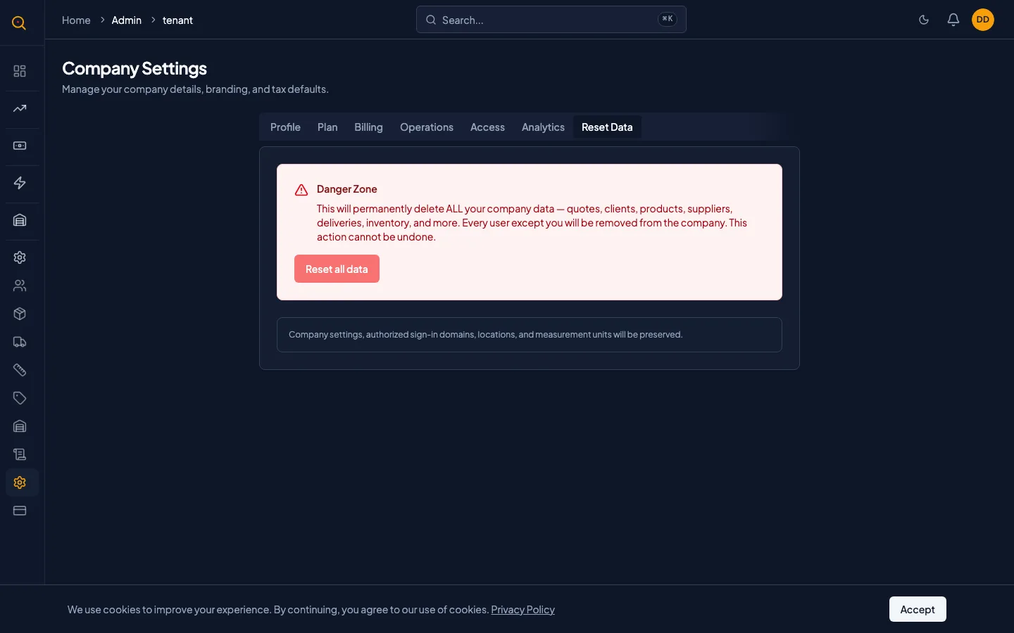 The data reset confirmation dialog and progress screen