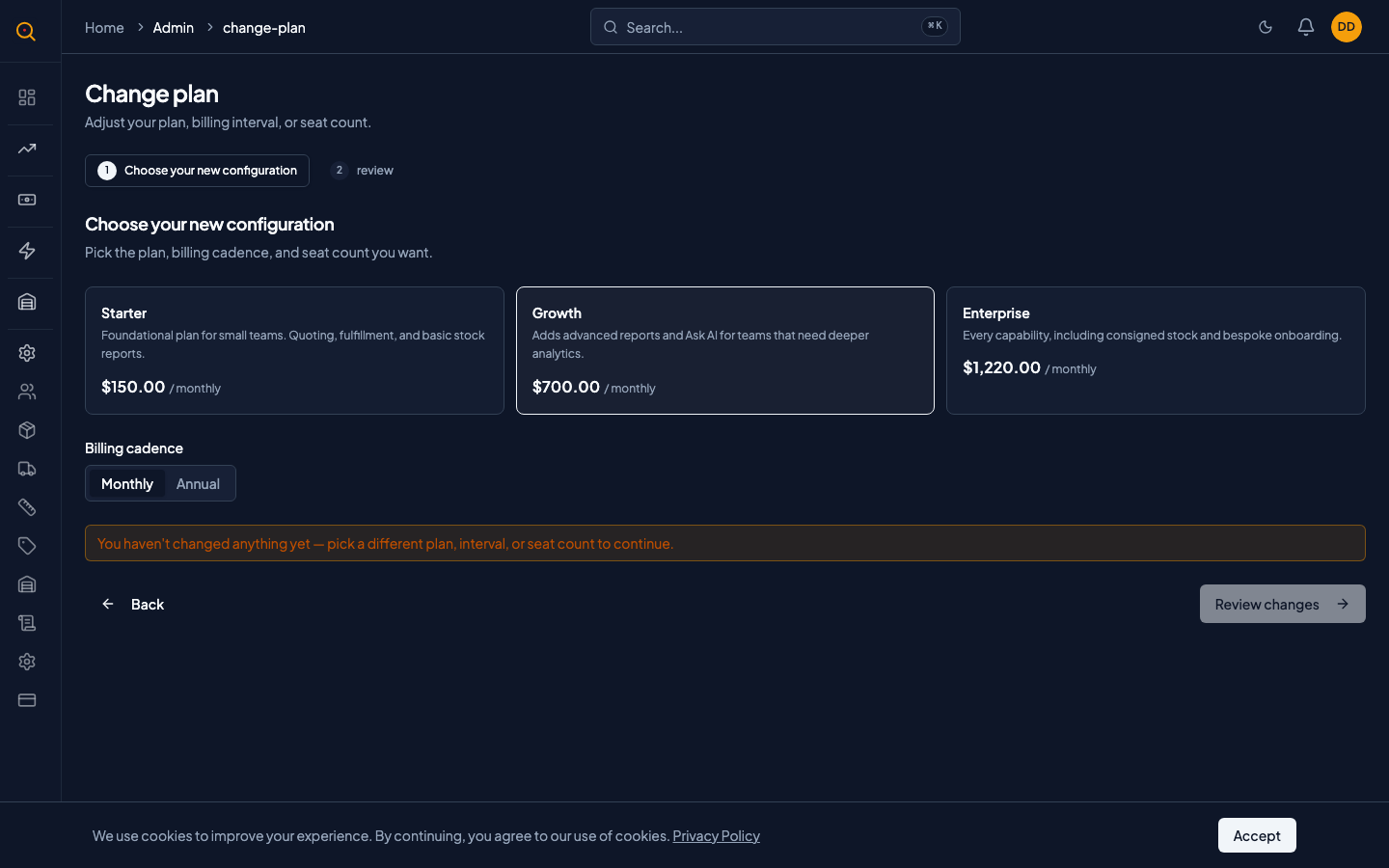 The change plan wizard review step showing proration details
