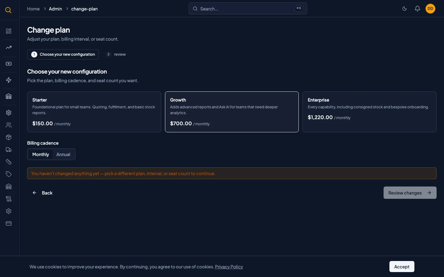 The change plan wizard review step showing proration details