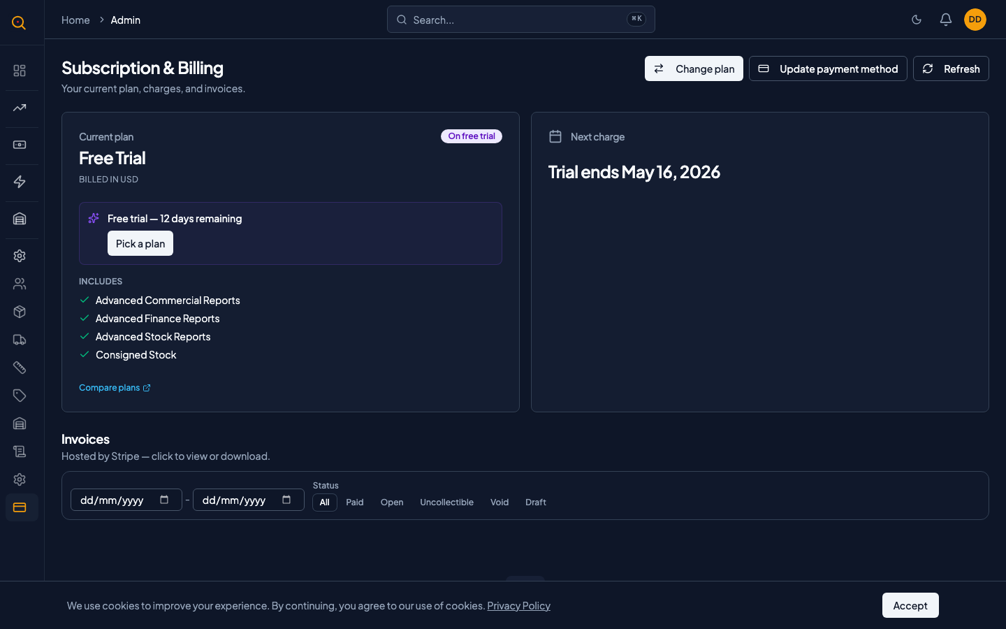 The Billing page showing plan card, next charge card, and invoice history