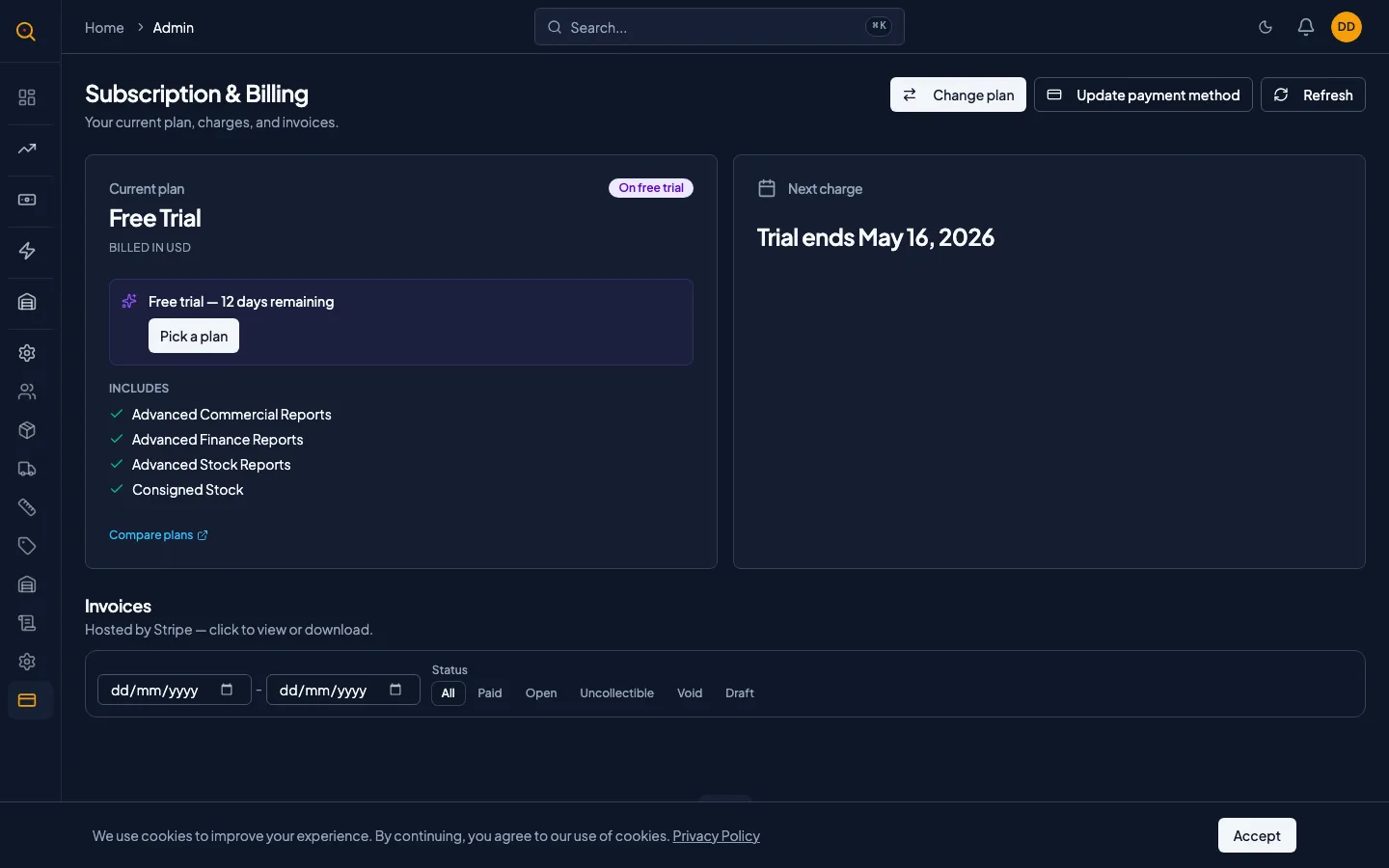 The Billing page showing plan card, next charge card, and invoice history