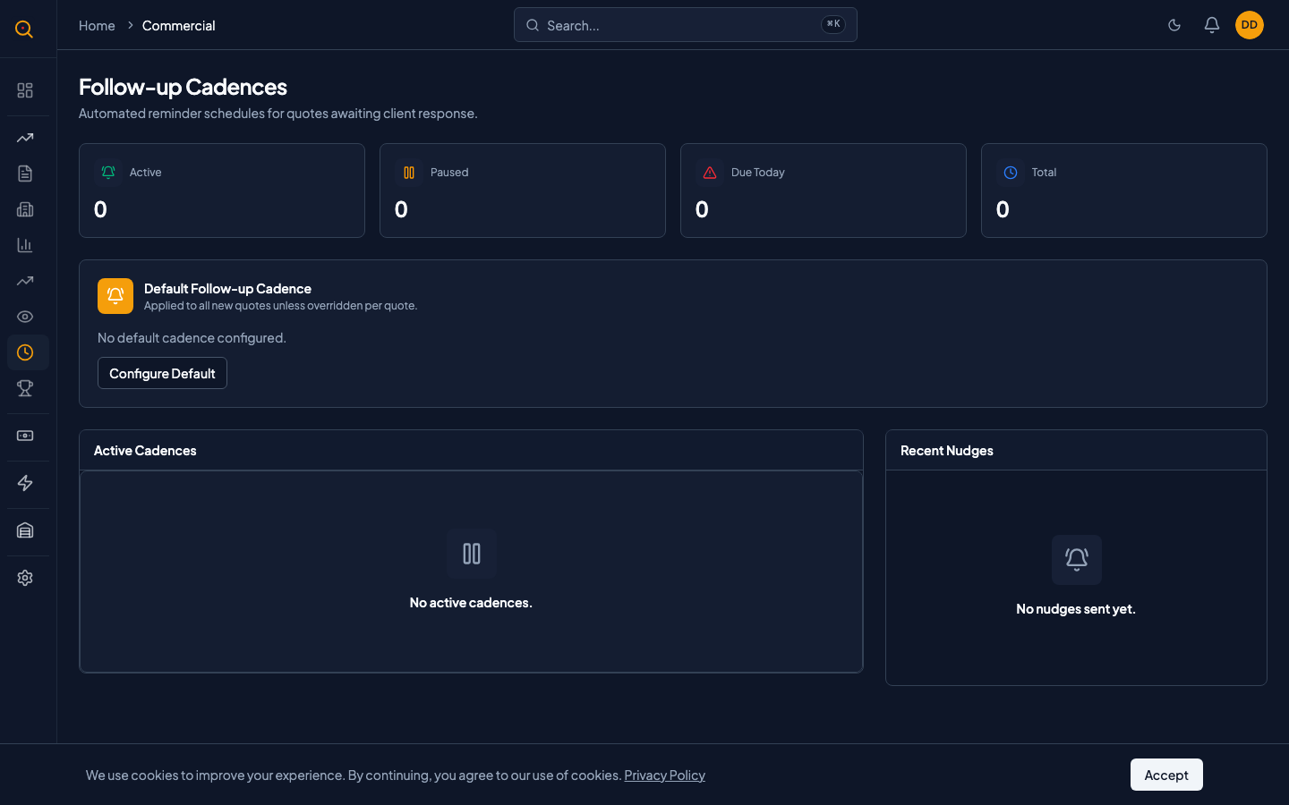 The Cadences page with default cadence card and active cadences table