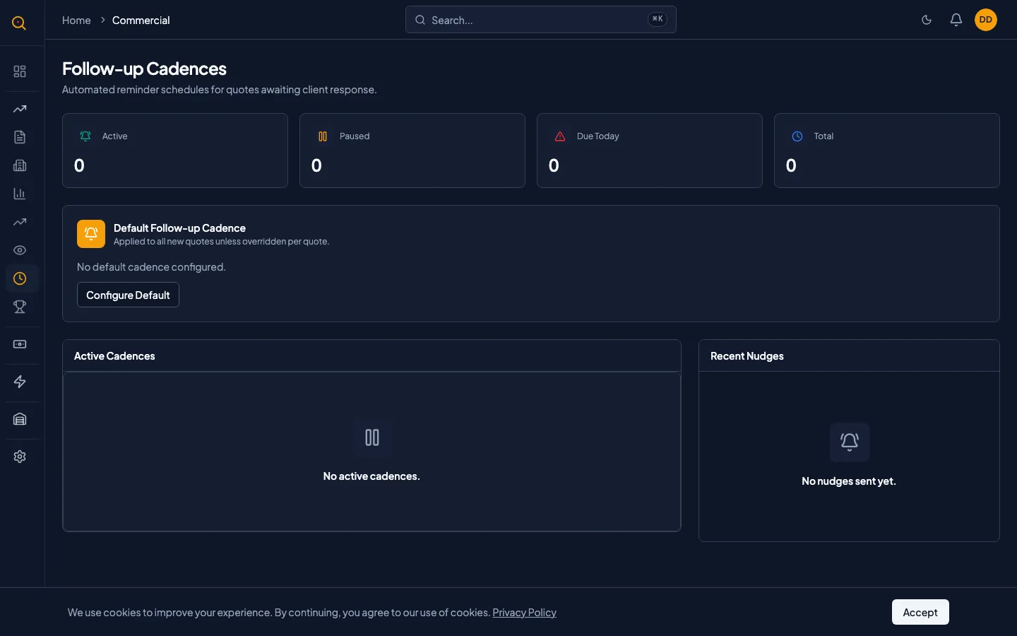 The Cadences page with default cadence card and active cadences table
