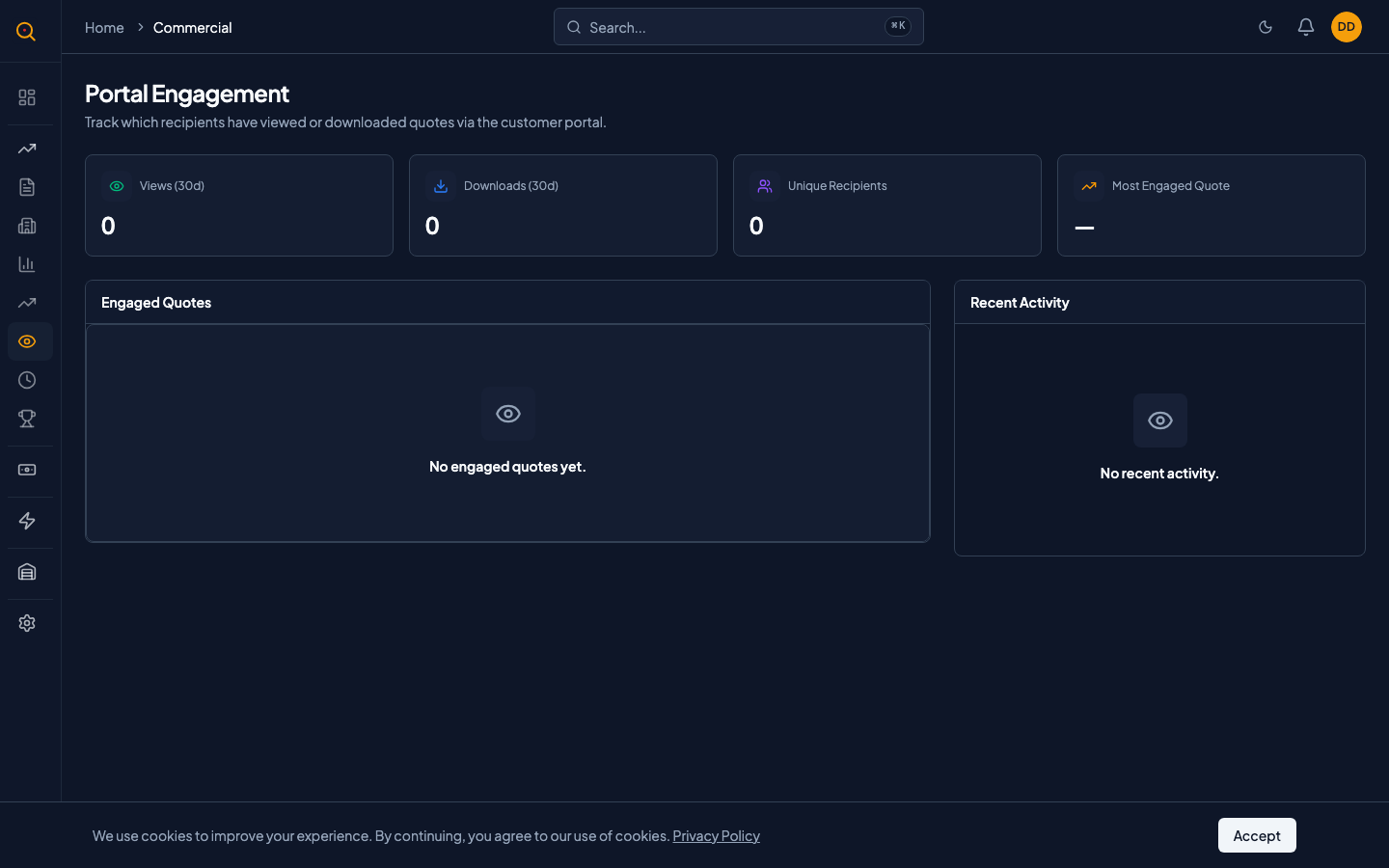 The Portal Engagement dashboard showing metrics, per-quote table, and recent activity