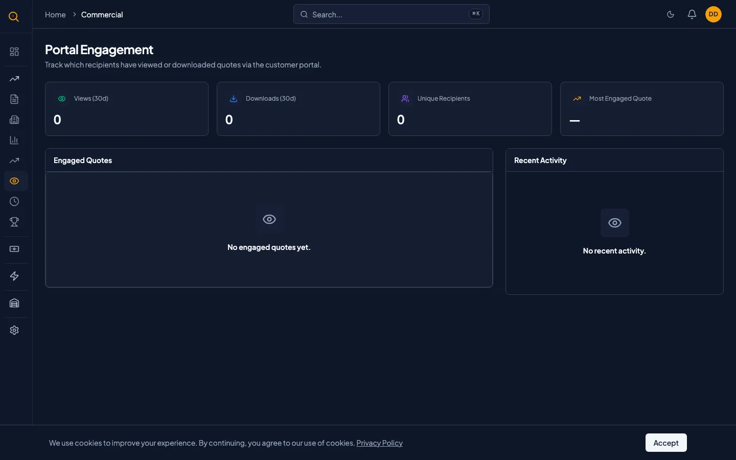 The Portal Engagement dashboard showing metrics, per-quote table, and recent activity