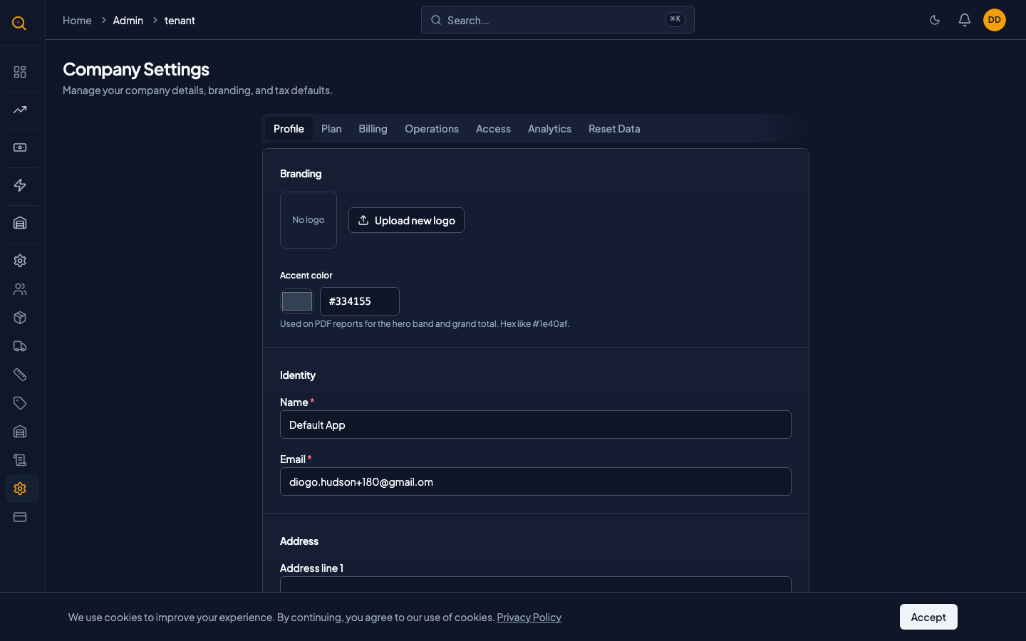 The Tenant Settings page showing branding, operations toggles, and notification sections