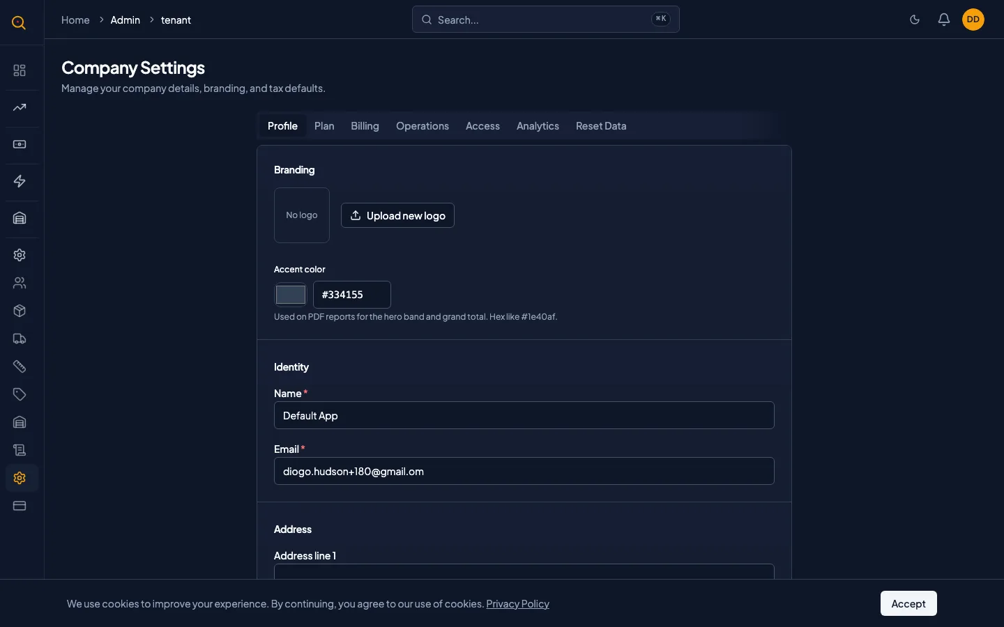The Tenant Settings page showing branding, operations toggles, and notification sections