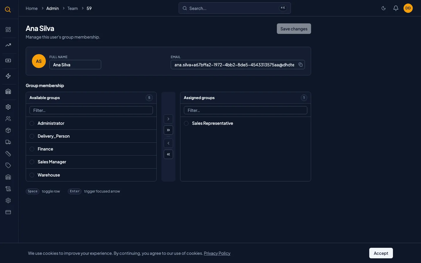 The user detail page with the role assignment section