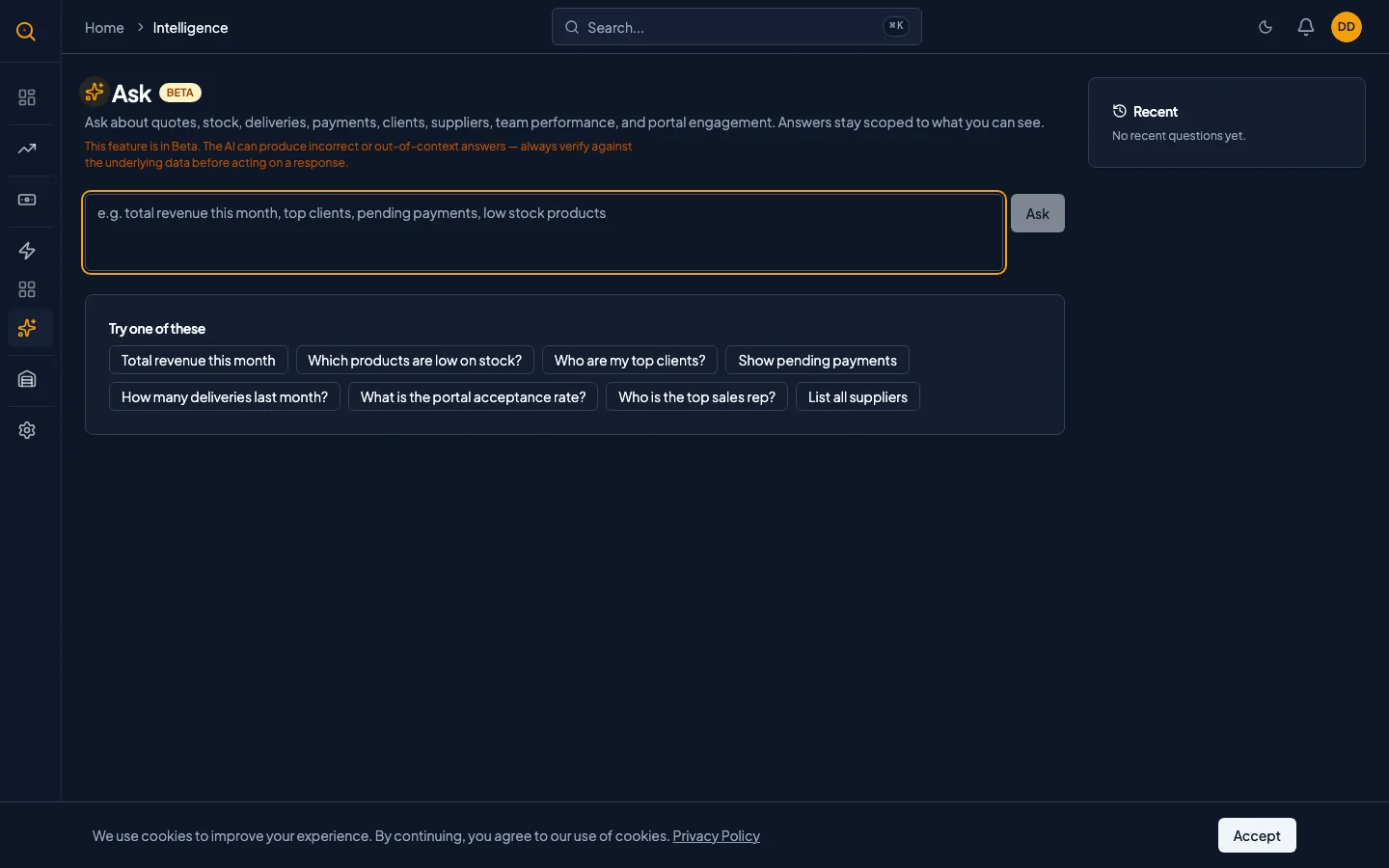 Typing a free-form question into the Ask AI prompt box