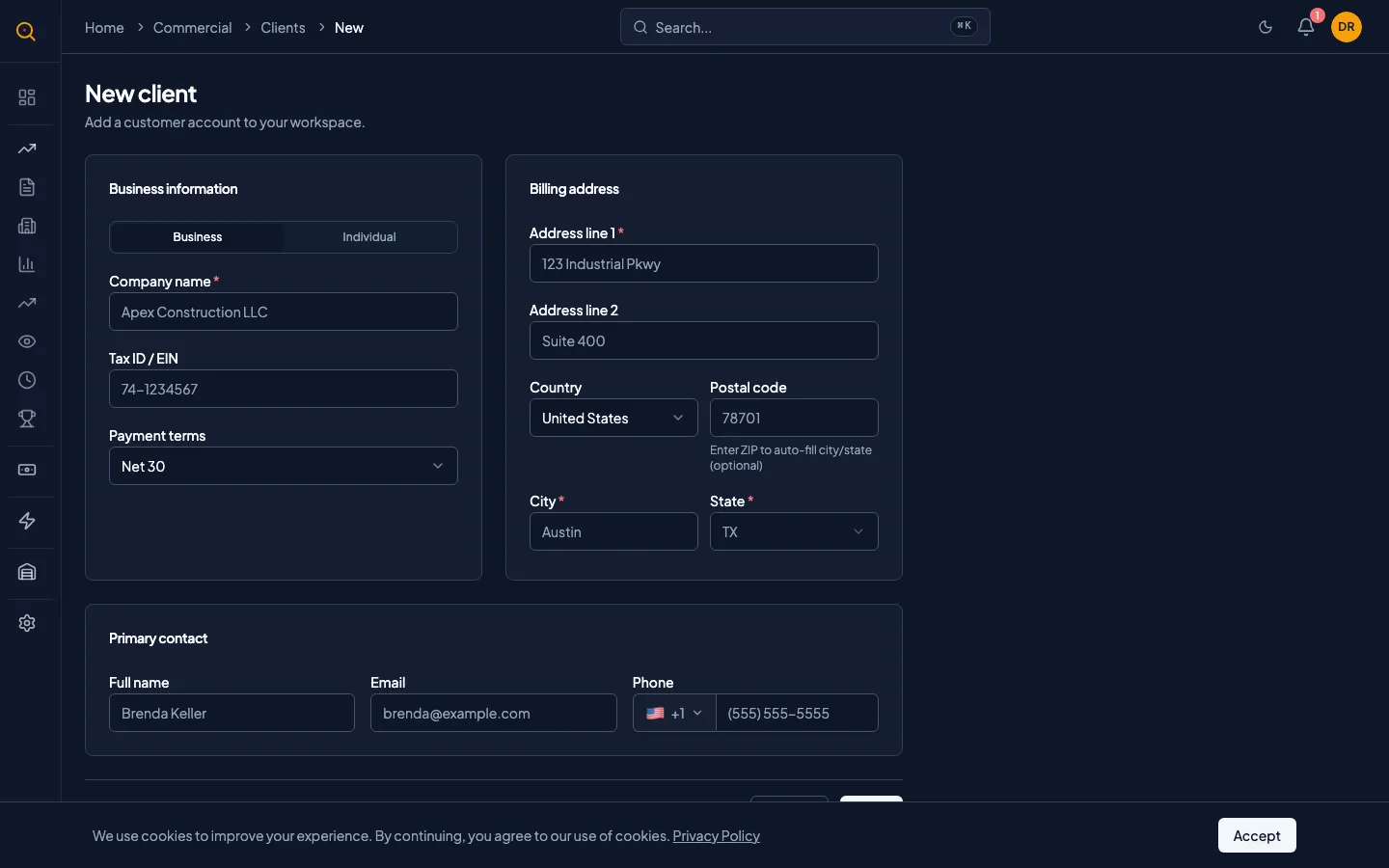 The new client form with all fields visible: name, address, contact info, tax ID, and payment terms