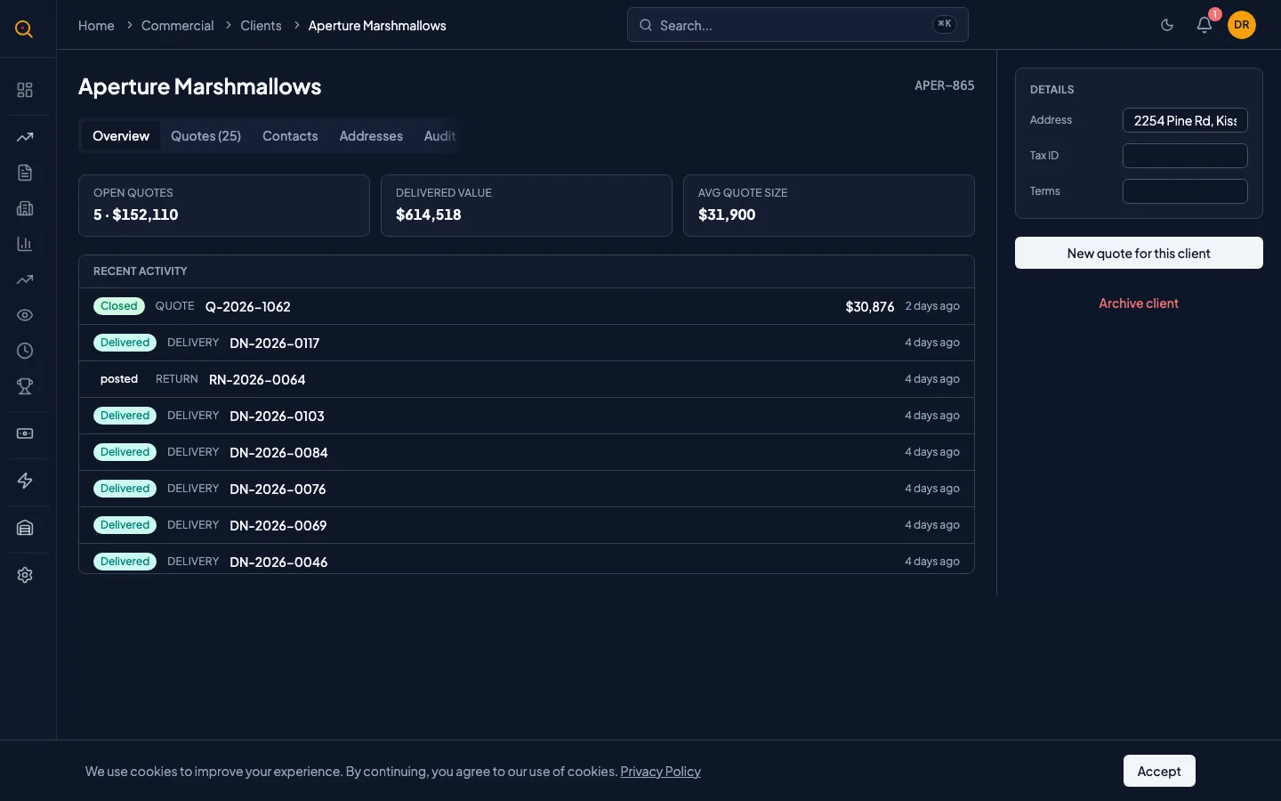 A client detail page showing the main information, delivery addresses panel, and recent activity feed