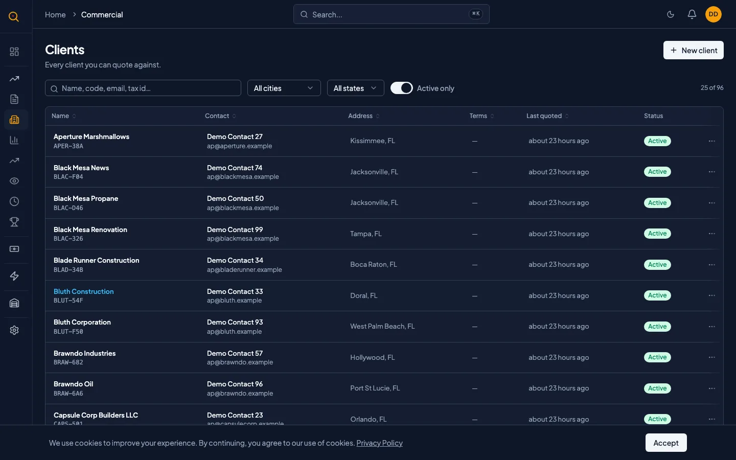 The client list page showing the search bar, active/archived filter, and sortable columns