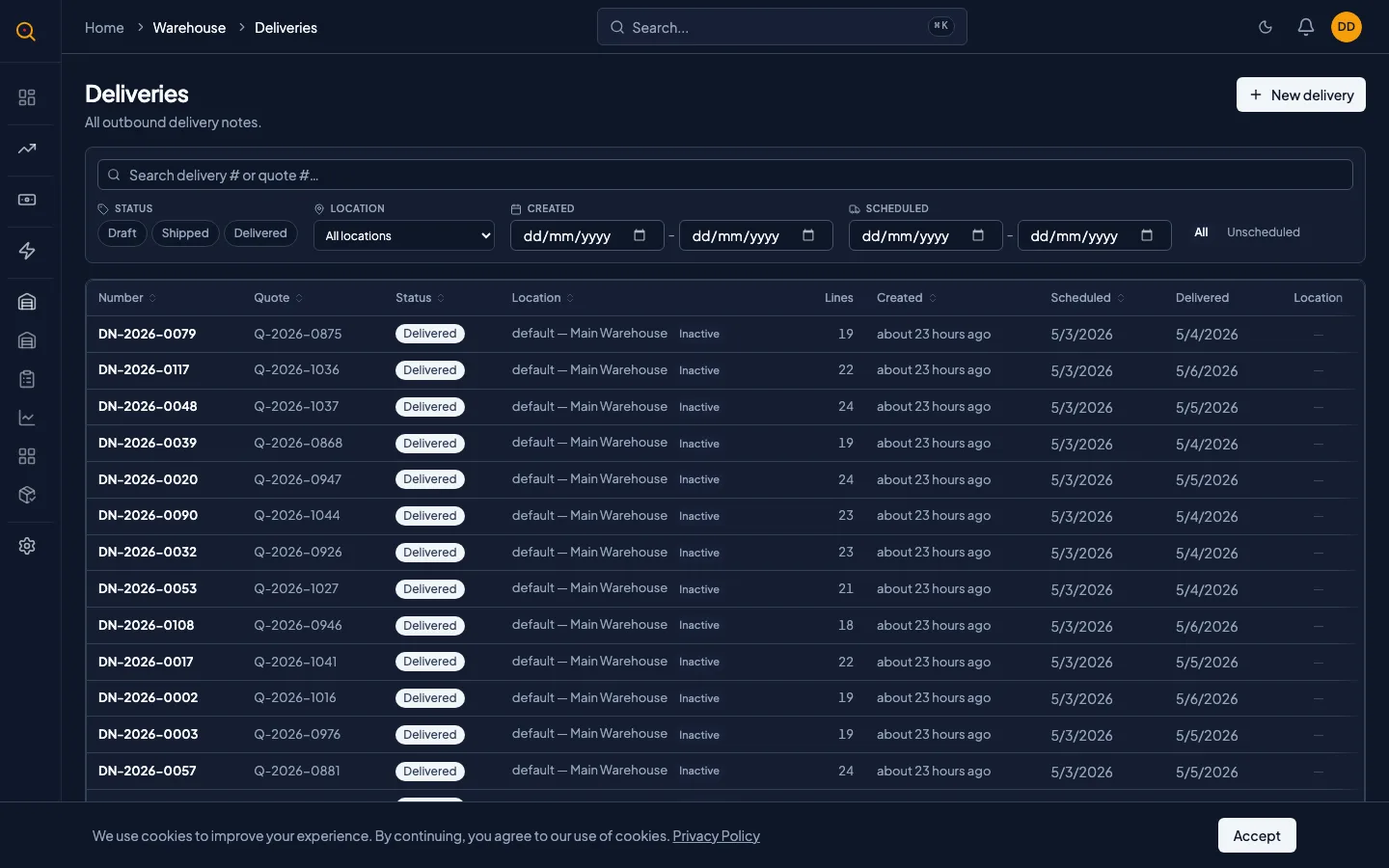 The delivery notes list page with status filters, location filters, and number search