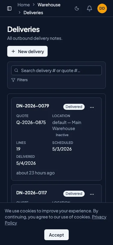The dispatcher mobile pool showing a driver's assigned deliveries with status chips