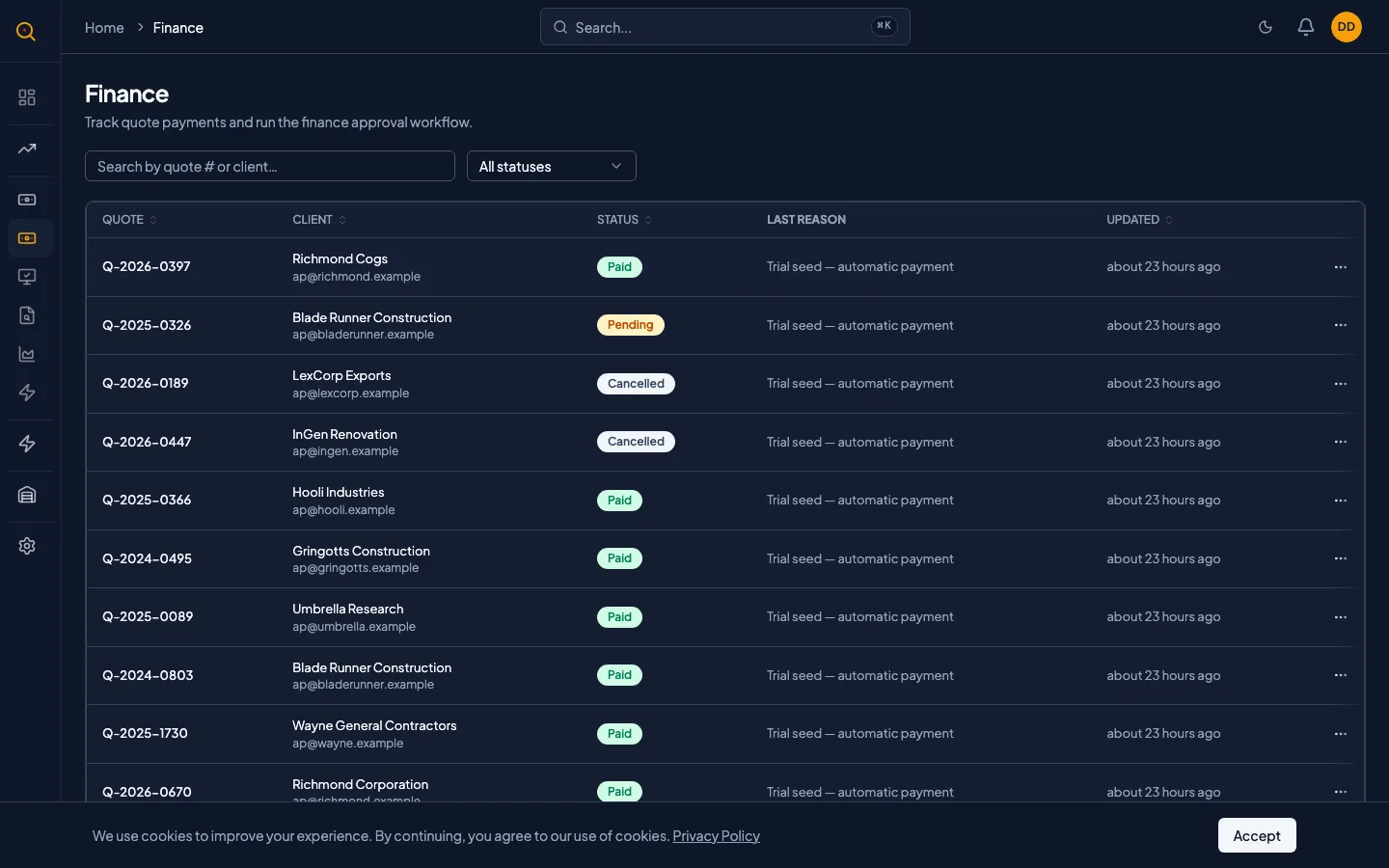 A payment detail view showing the full history: status changes, notifications sent, and the linked quote
