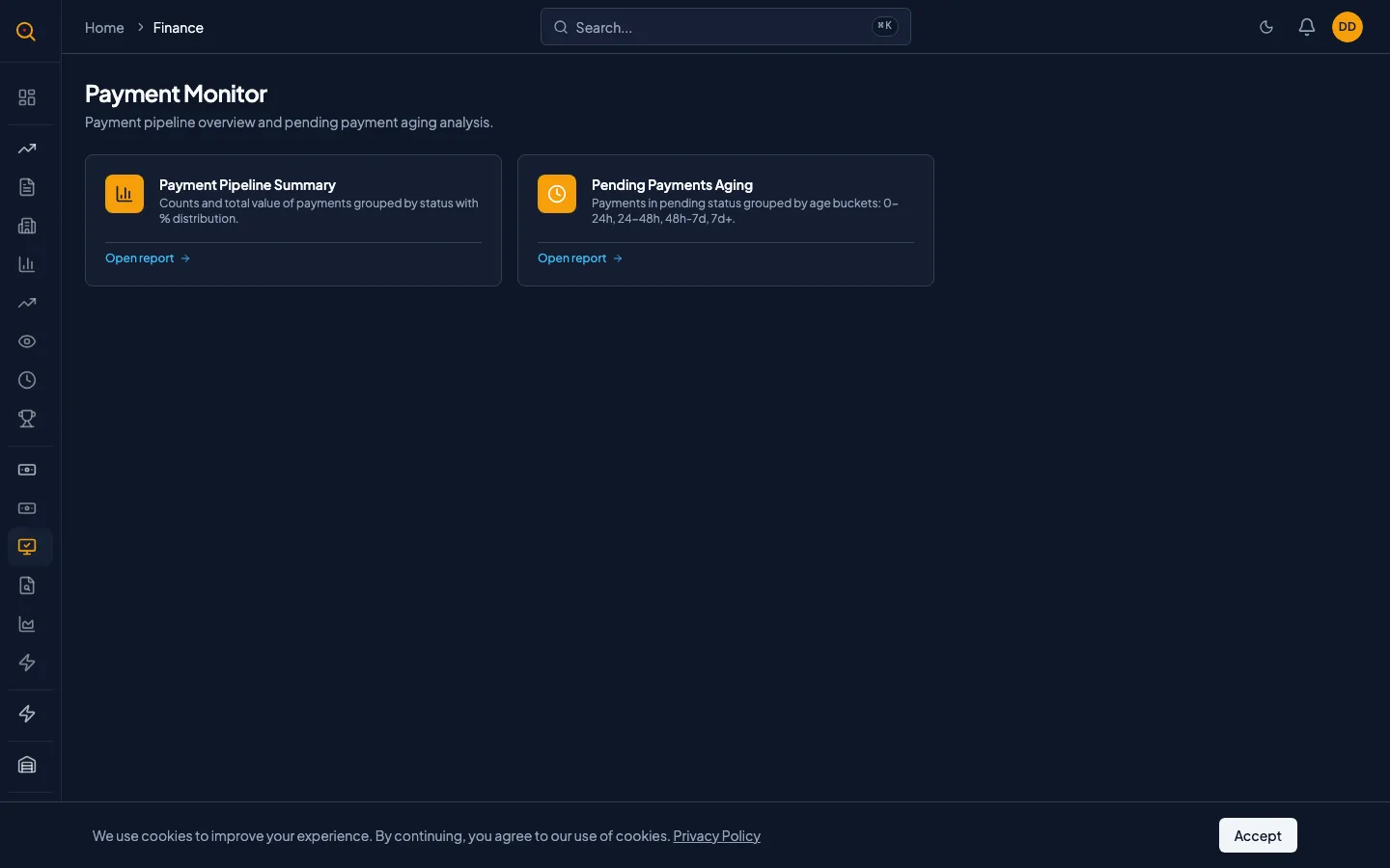 A finance report page showing revenue overview with charts and filter controls
