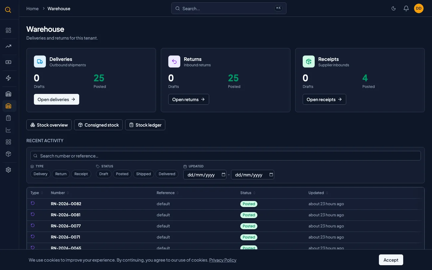 The stock item detail view showing on hand, reserved, available, and recent movements with their kinds
