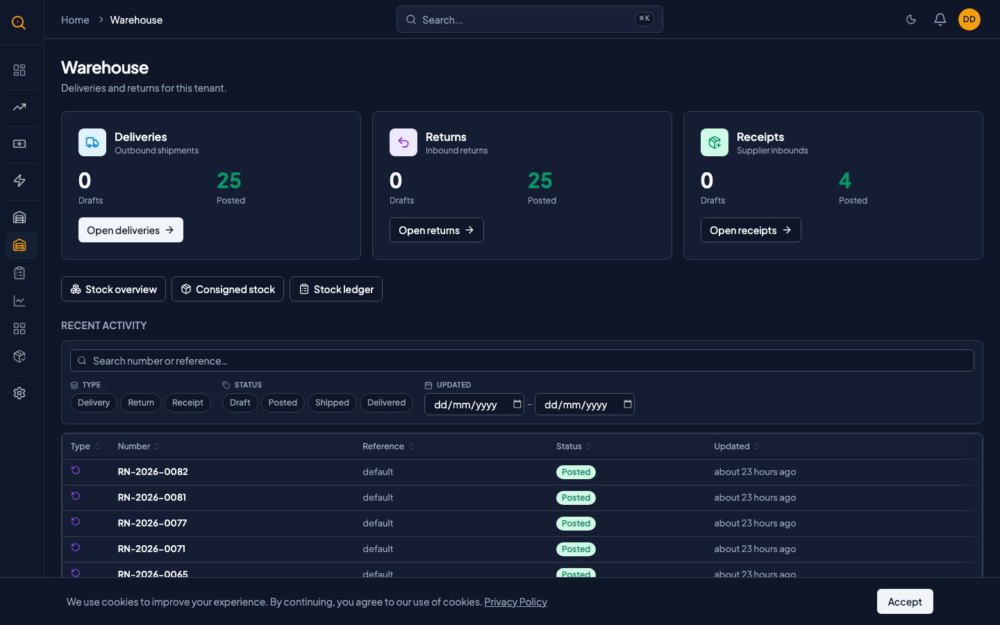 The inventory list page with search bar, product filter, location filter, and on-hand/reserved/available columns