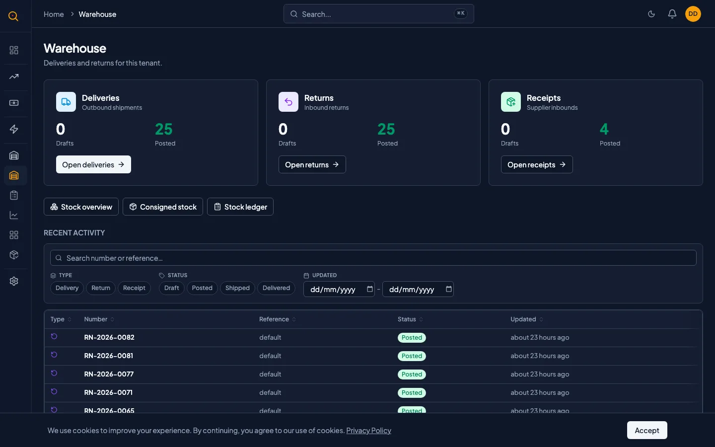 The inventory list page with search bar, product filter, location filter, and on-hand/reserved/available columns