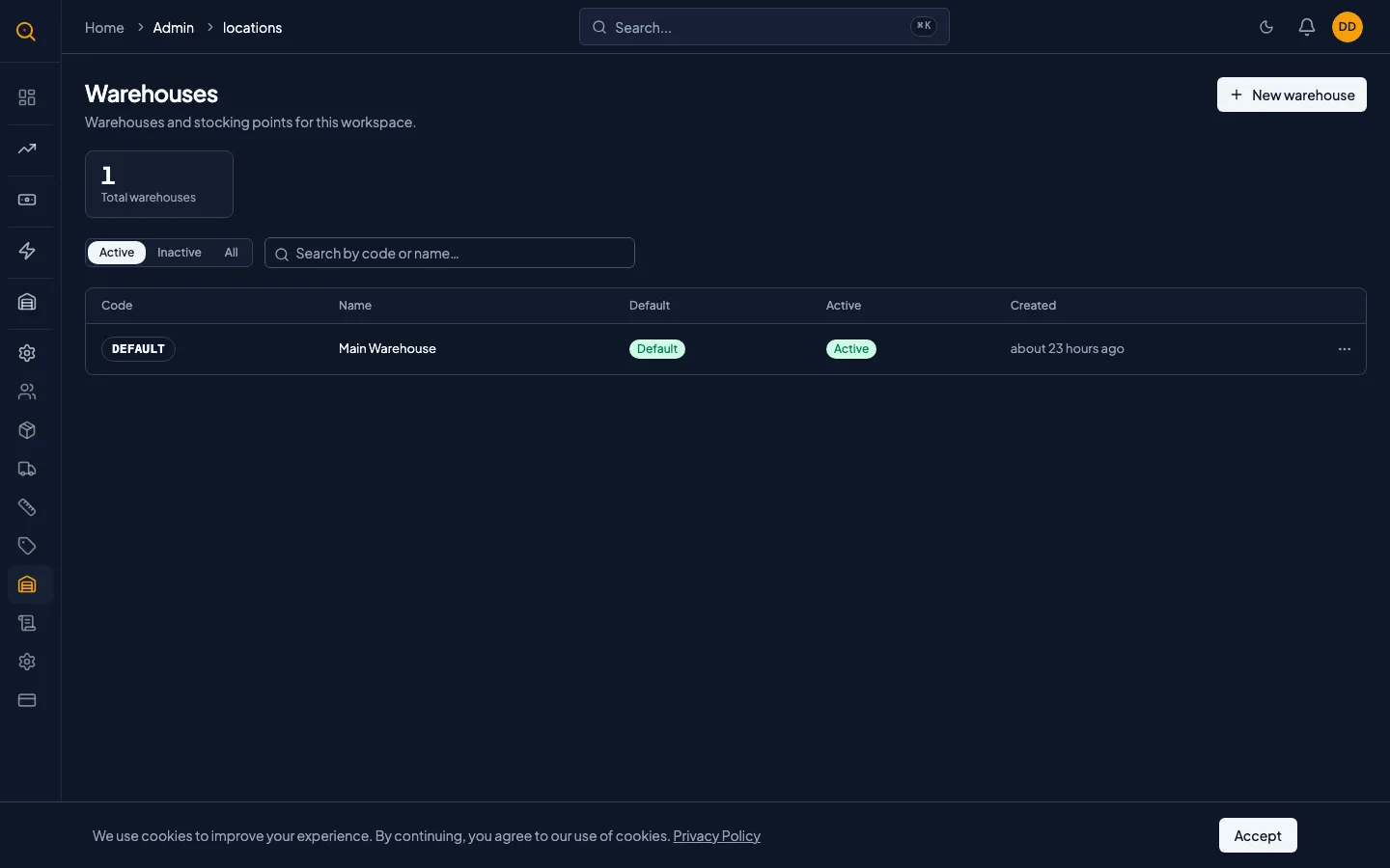 The locations list page with active/inactive/all tabs and search by code or name