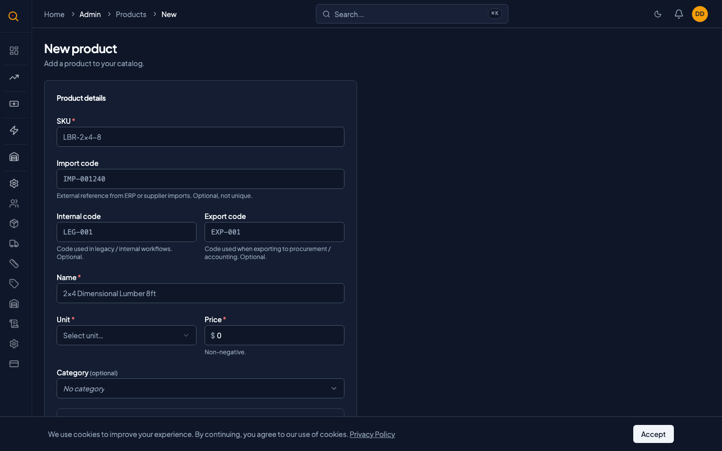 The new product form showing name, SKU, unit dropdown, category picker, price, description, and photo upload