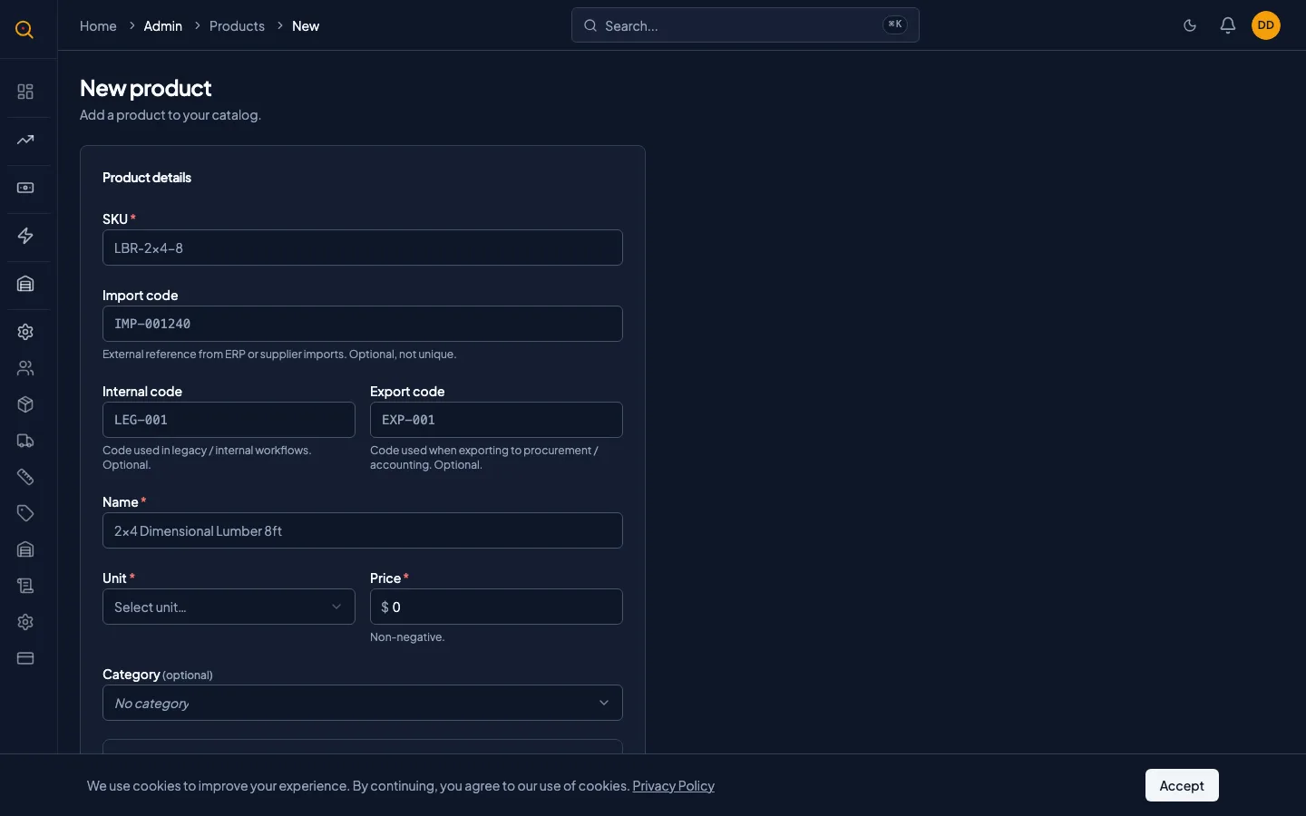 The new product form showing name, SKU, unit dropdown, category picker, price, description, and photo upload