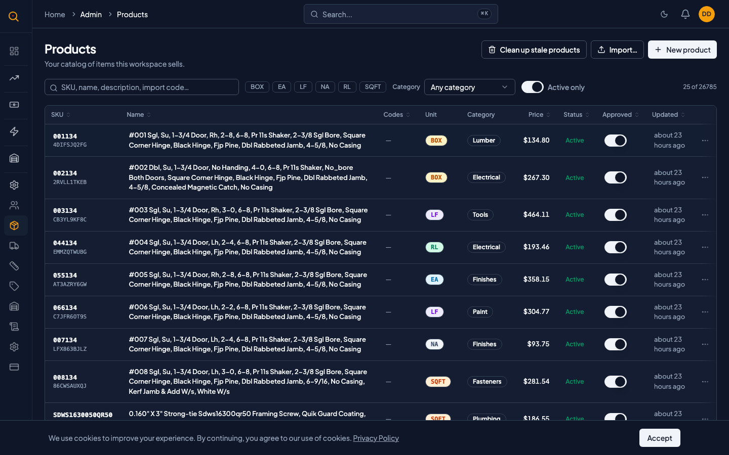 The product catalog list with search, category filter, unit filter, and approval status indicators