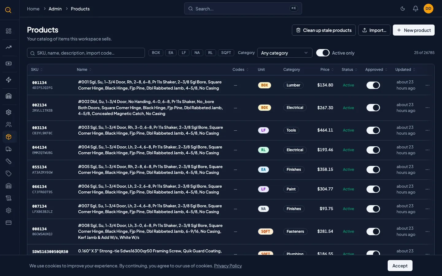 The product catalog list with search, category filter, unit filter, and approval status indicators