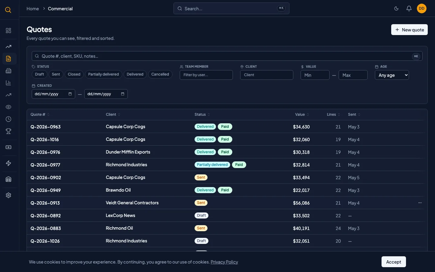 The quotes list page with status filters, payment chips, search, and age buckets