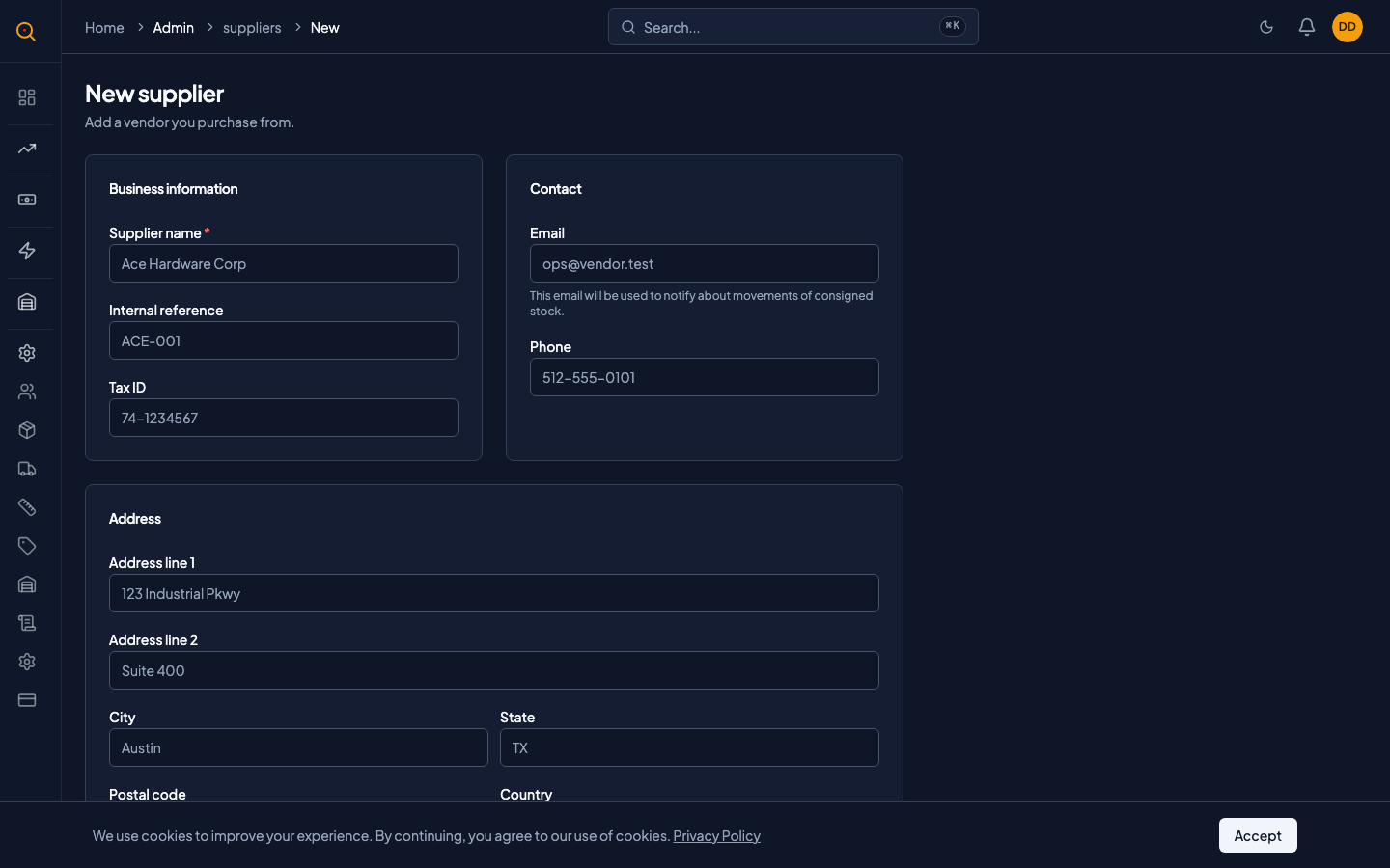 The new supplier form showing all fields: name, reference, tax number, email, phone, full address, and notes