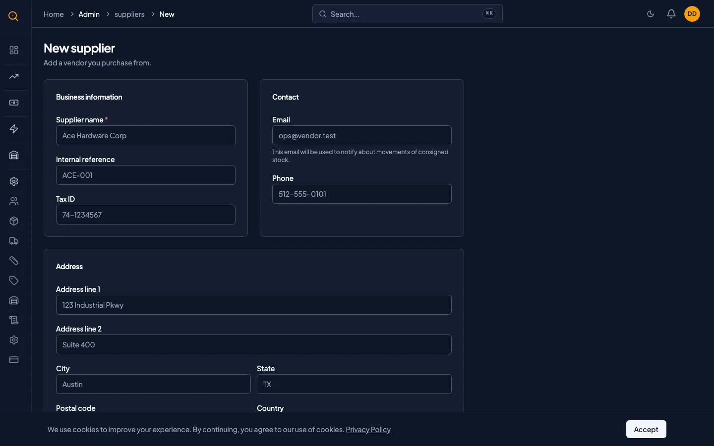 The new supplier form showing all fields: name, reference, tax number, email, phone, full address, and notes