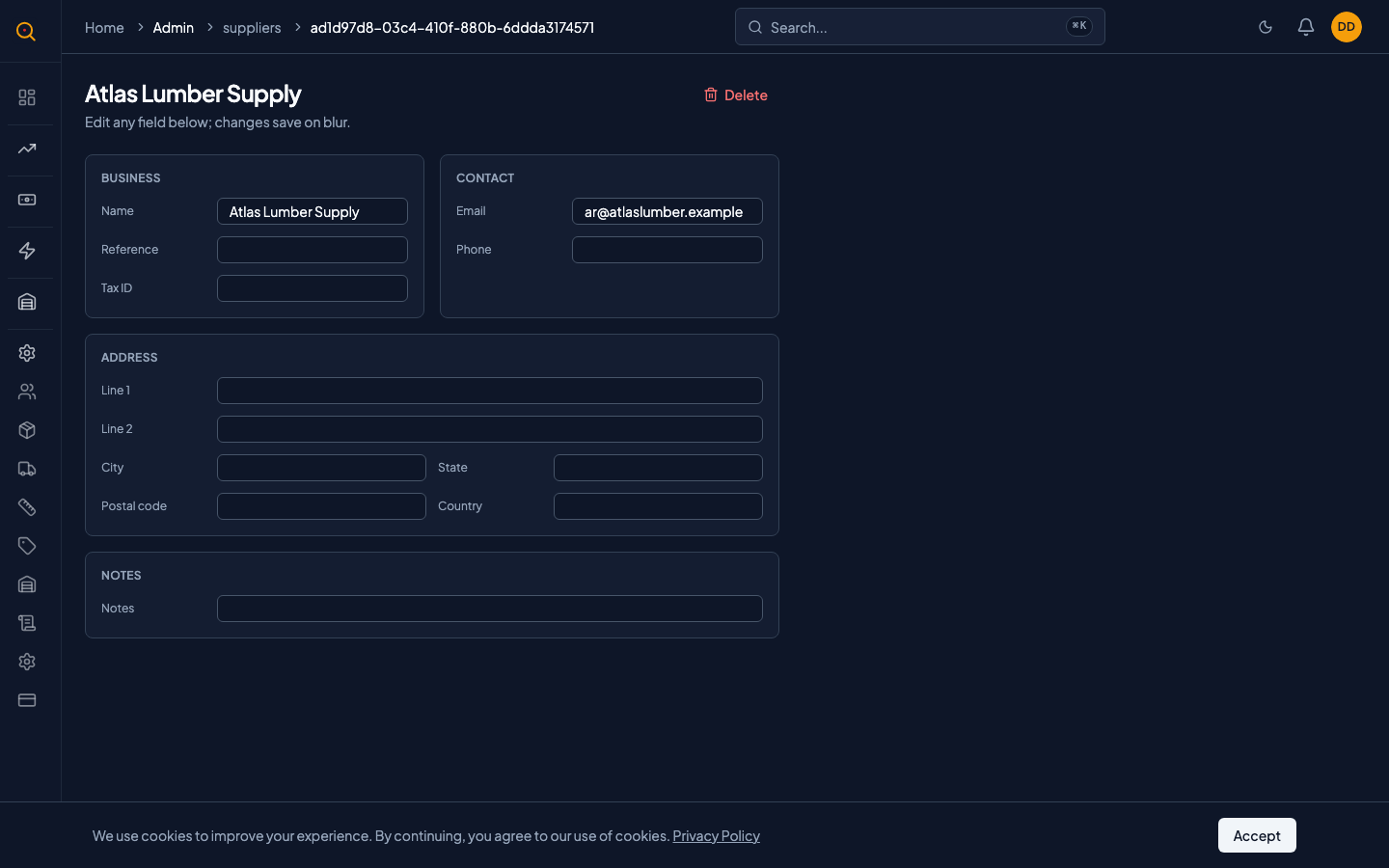 A supplier detail view with all contact information and notes displayed