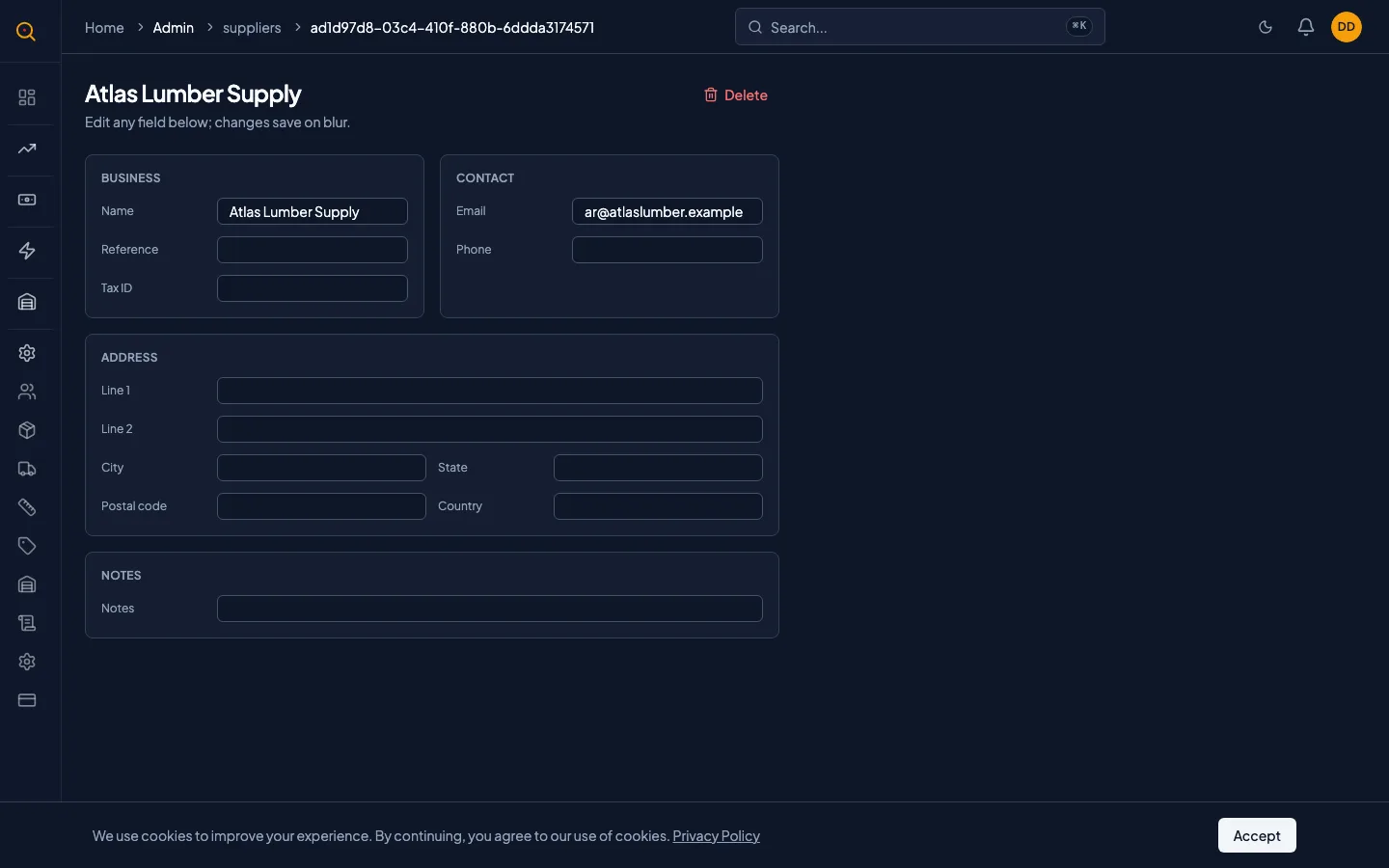 A supplier detail view with all contact information and notes displayed