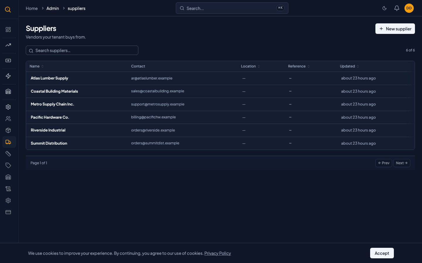 The supplier list page with search bar and sortable columns for name, city, and reference