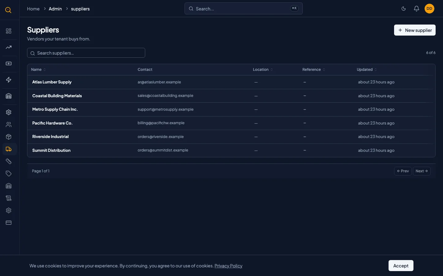 The supplier list page with search bar and sortable columns for name, city, and reference