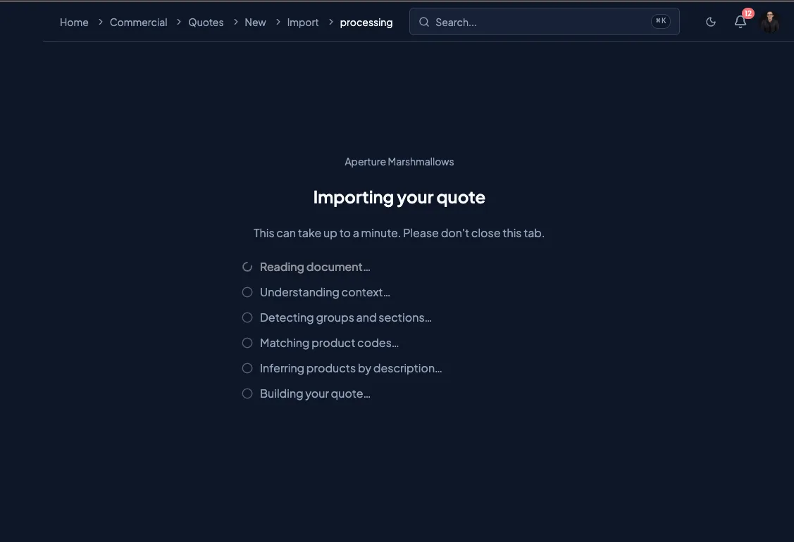 Quotery AI import dashboard showing a client PDF converted to items