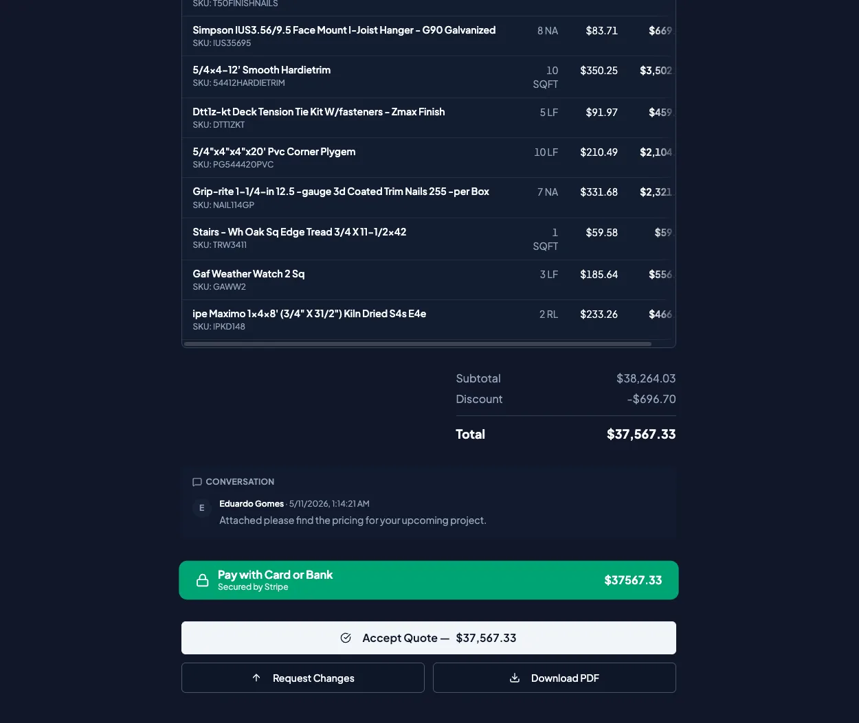 Quotery client portal showing a shared quote with approval and digital signature options