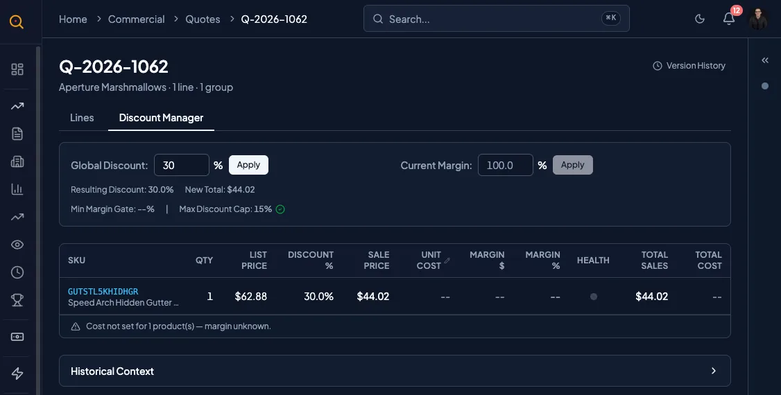 Quotery quote editor with section-based pricing, automatic numbering, and discount controls